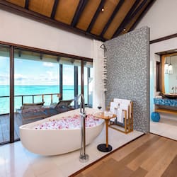 Separate tub and shower, rainfall showerhead, free toiletries