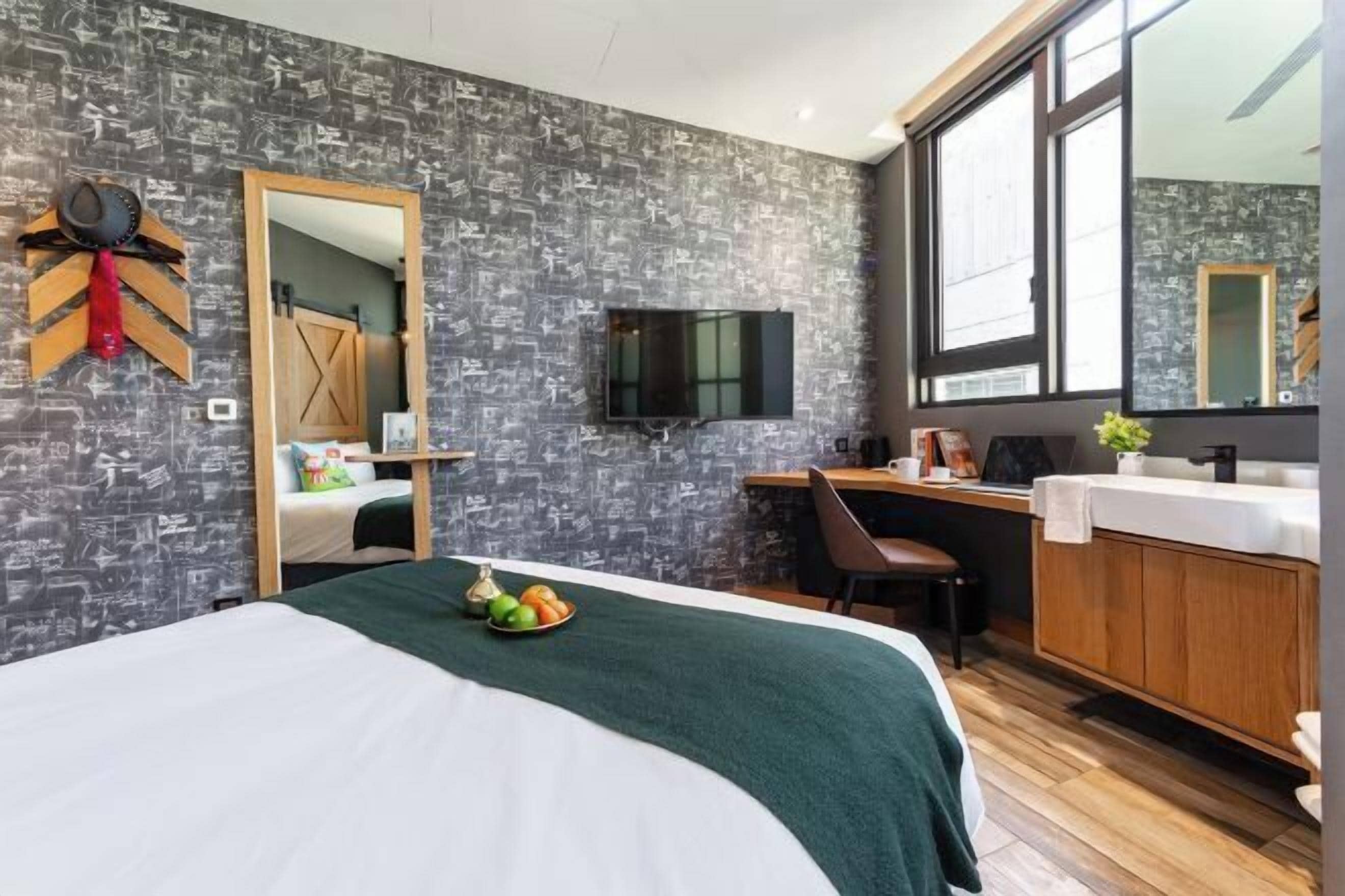 Desk, laptop workspace, blackout drapes, soundproofing