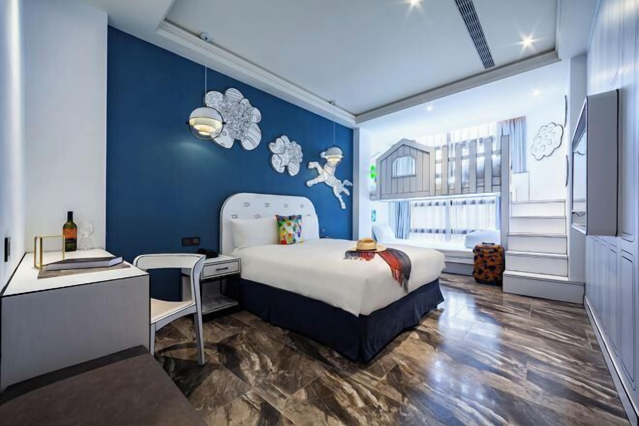 Desk, laptop workspace, blackout drapes, soundproofing