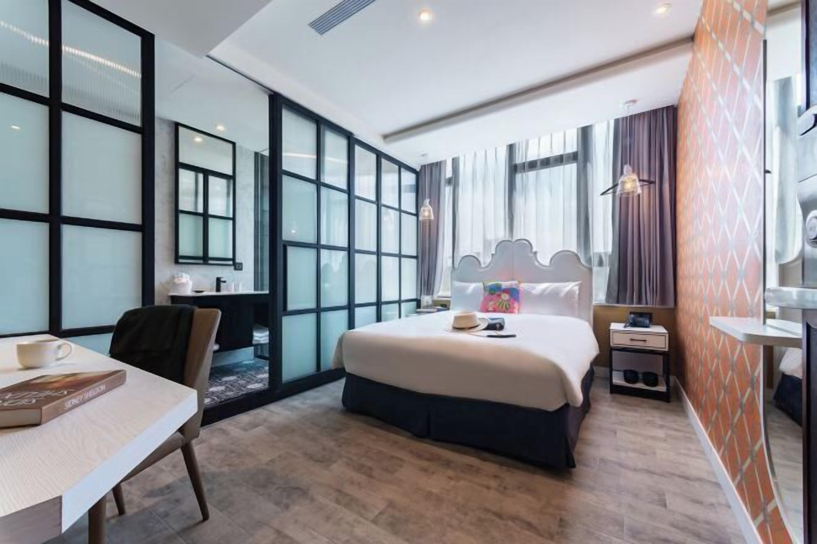 Desk, laptop workspace, blackout drapes, soundproofing