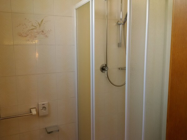 A shower area with a glass door, a wall-mounted control panel, and a handrail.