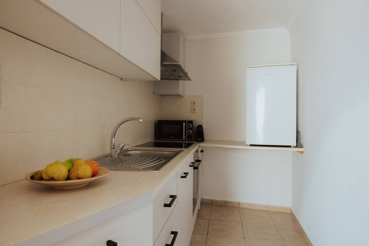 Apartment (for 4) | Private kitchen | Full-size fridge, microwave, oven, stovetop