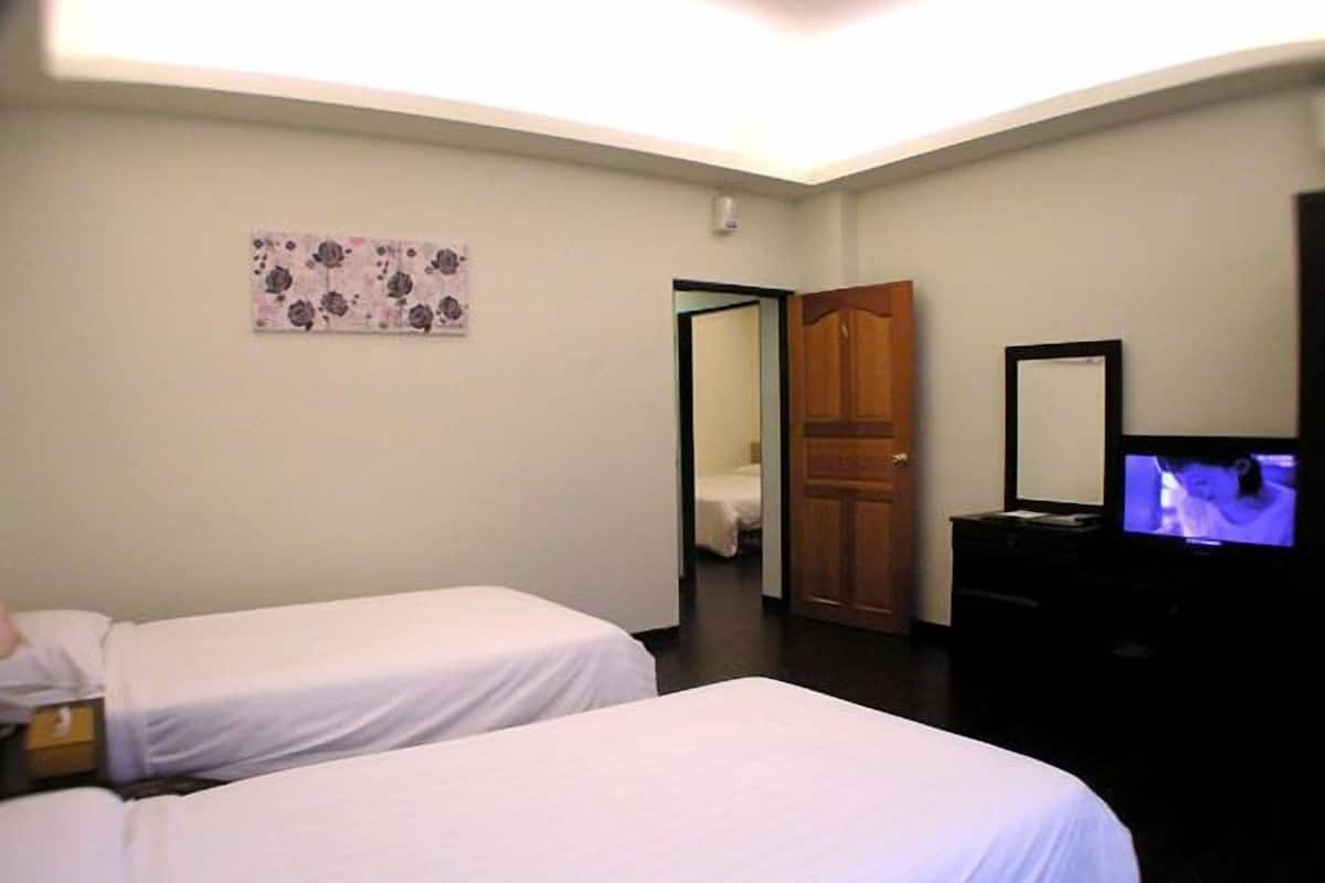 Habitación de hotel con dos camas individuales, un televisor, una puerta de madera y un pequeño cuadro en la pared.