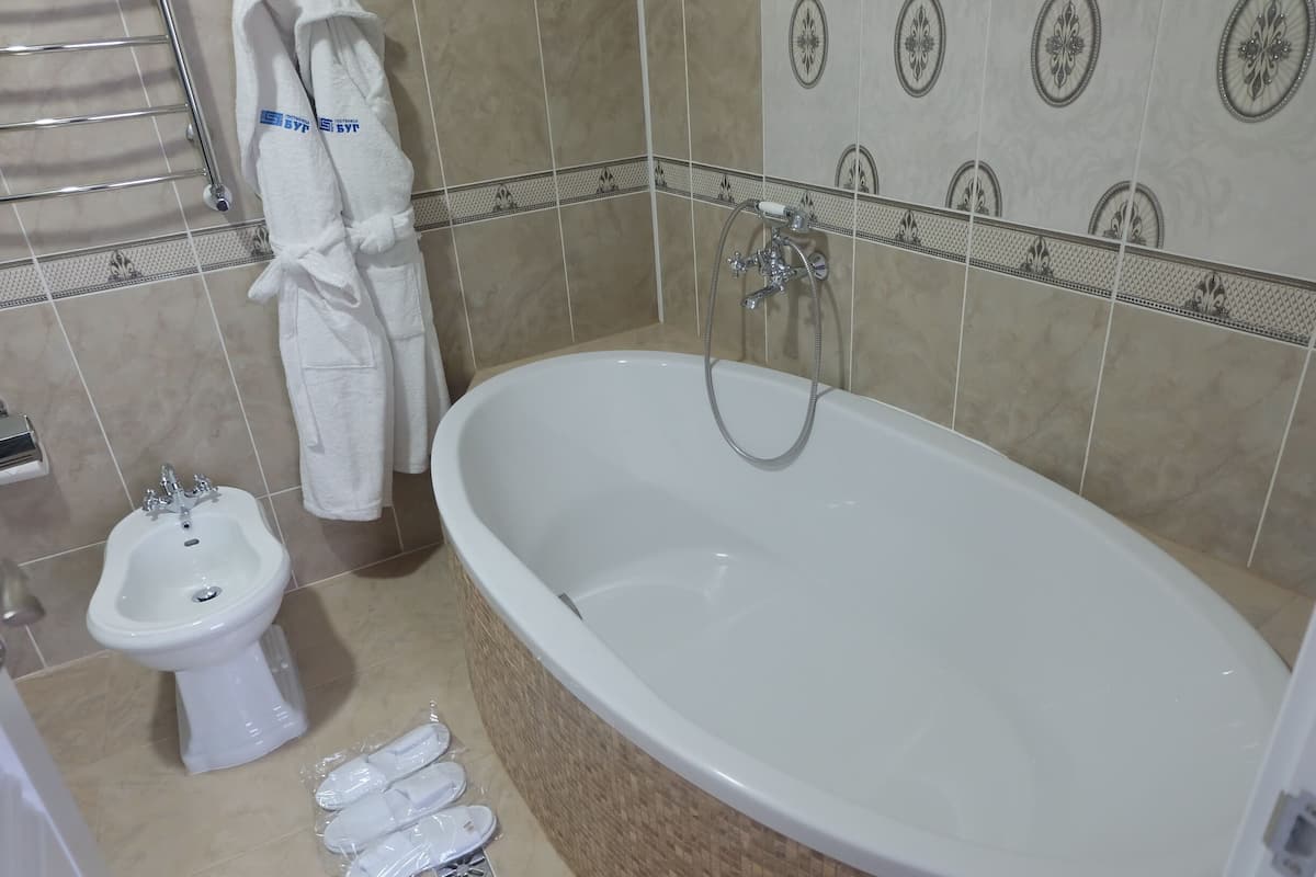 deluxe room | bathroom | shower, free toiletries, hair dryer, towels