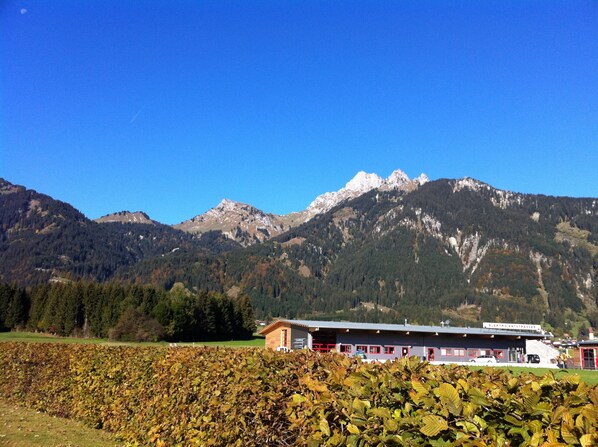 A mountain landscape with a building featuring red-framed windows and a sign that reads "ELECTROENTRAFFNER".