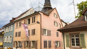 A multi-story building with a pink facade, multiple windows with shutters, and a visible sign for 'LEDER REES'. - New England Apartment (Freiburg im Breisgau)