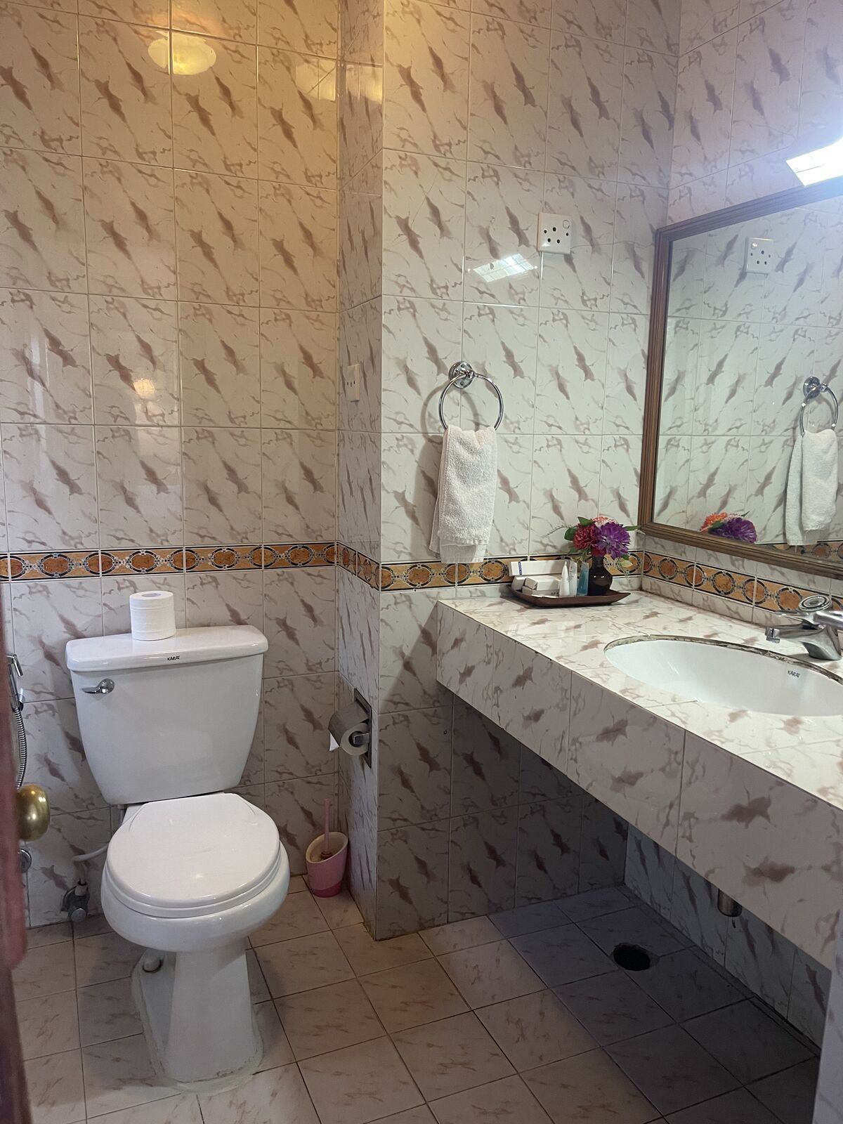Un baño con inodoro, lavamanos, espejo y paredes con azulejos.