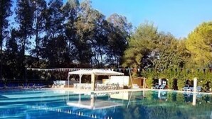 Una piscina blava i nítida amb gandules i una zona coberta, envoltada d'arbres.