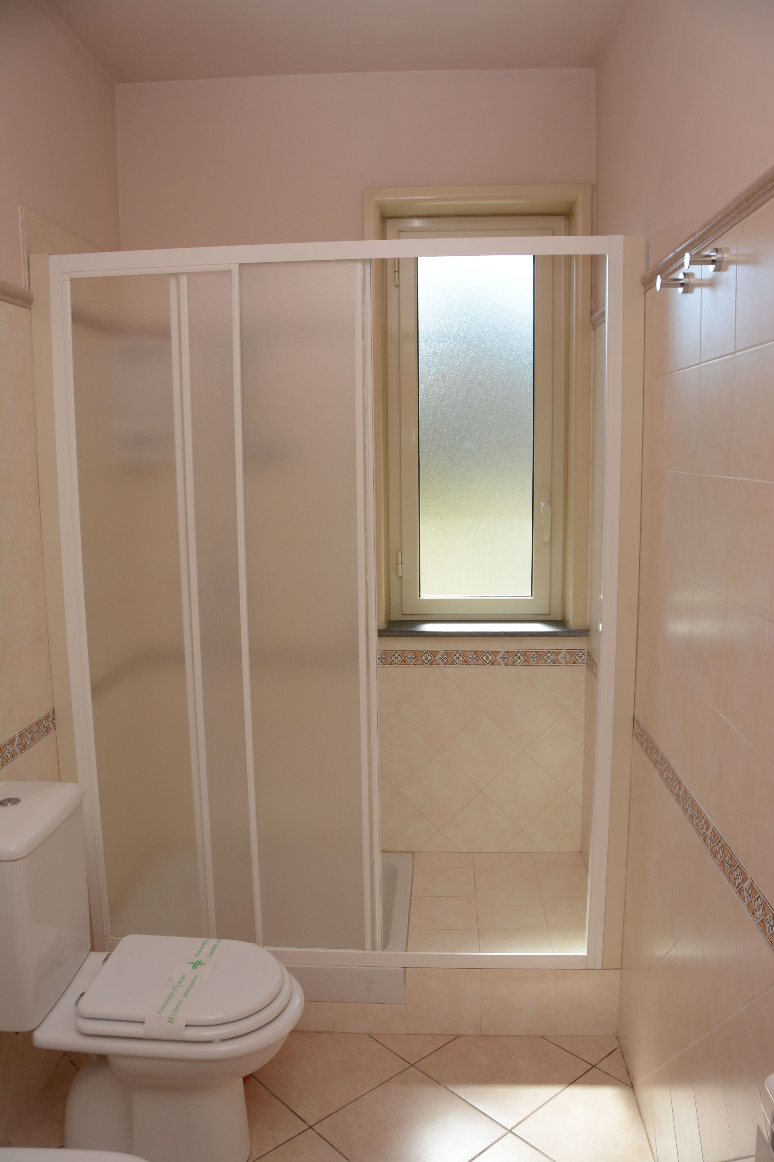 A bathroom with a toilet, a shower enclosure, and a window.