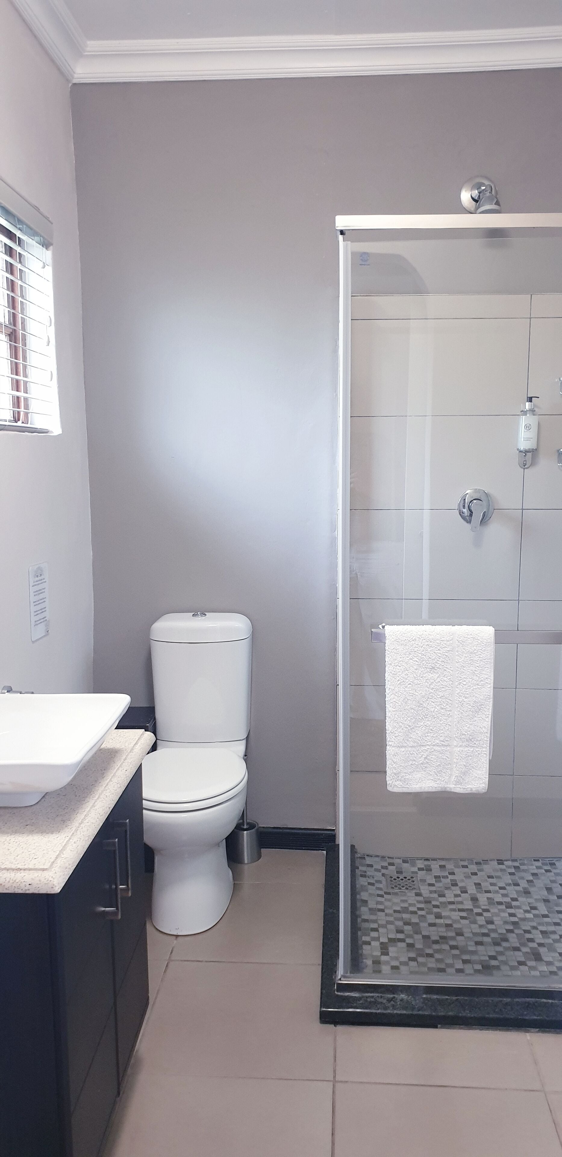A bathroom with a toilet, sink, and shower area.
