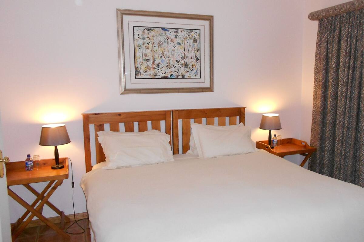 A hotel room with a wooden bed, two bedside tables with lamps, a framed picture on the wall, and a window with patterned curtains.