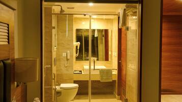 A modern bathroom with a glass-enclosed shower, a toilet, a sink, and a mirror.