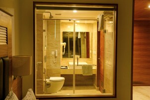 A modern bathroom with a glass-enclosed shower, a toilet, a sink, and a mirror.