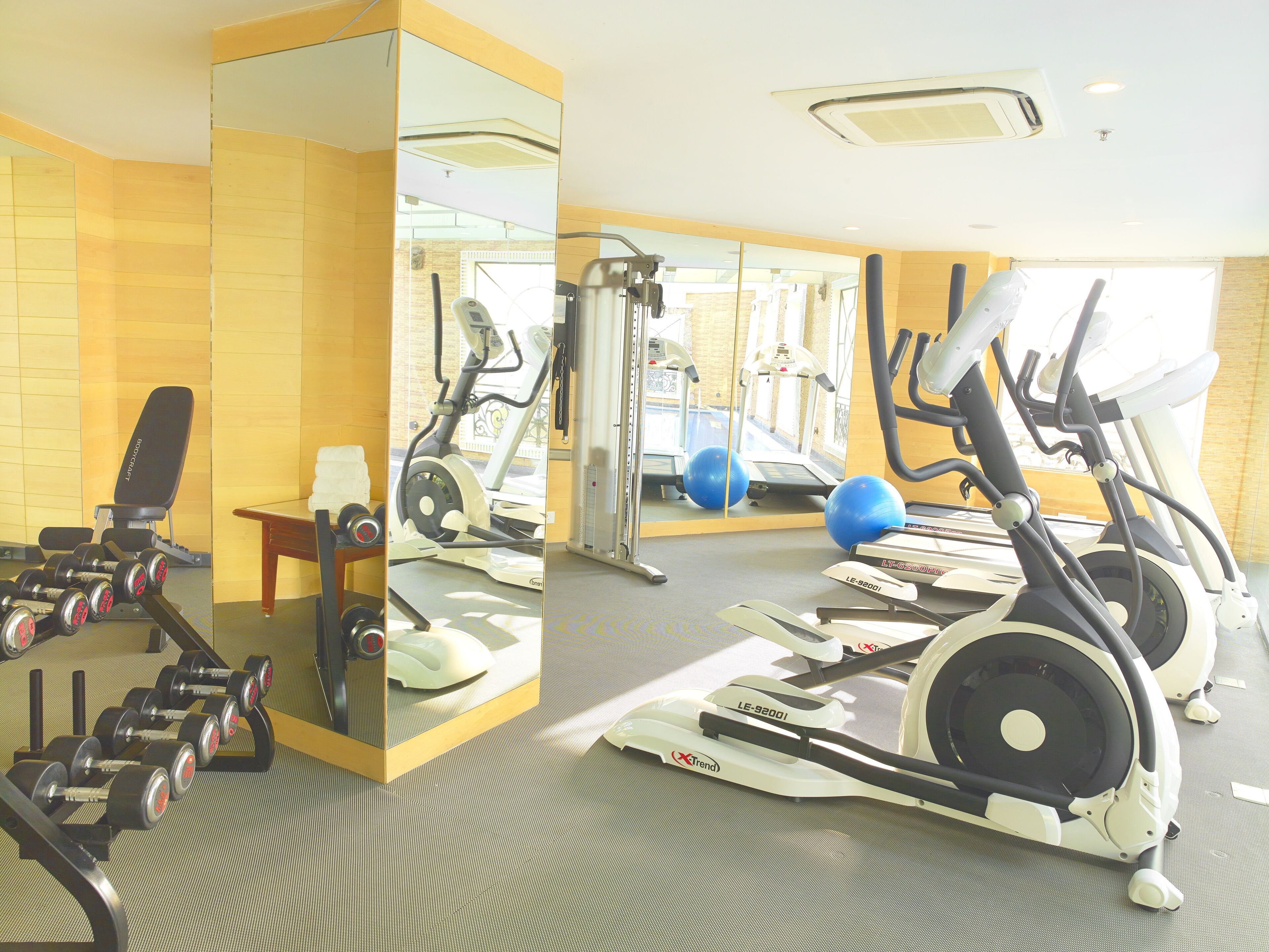 A gym with exercise equipment, a mirror, and a treadmill.