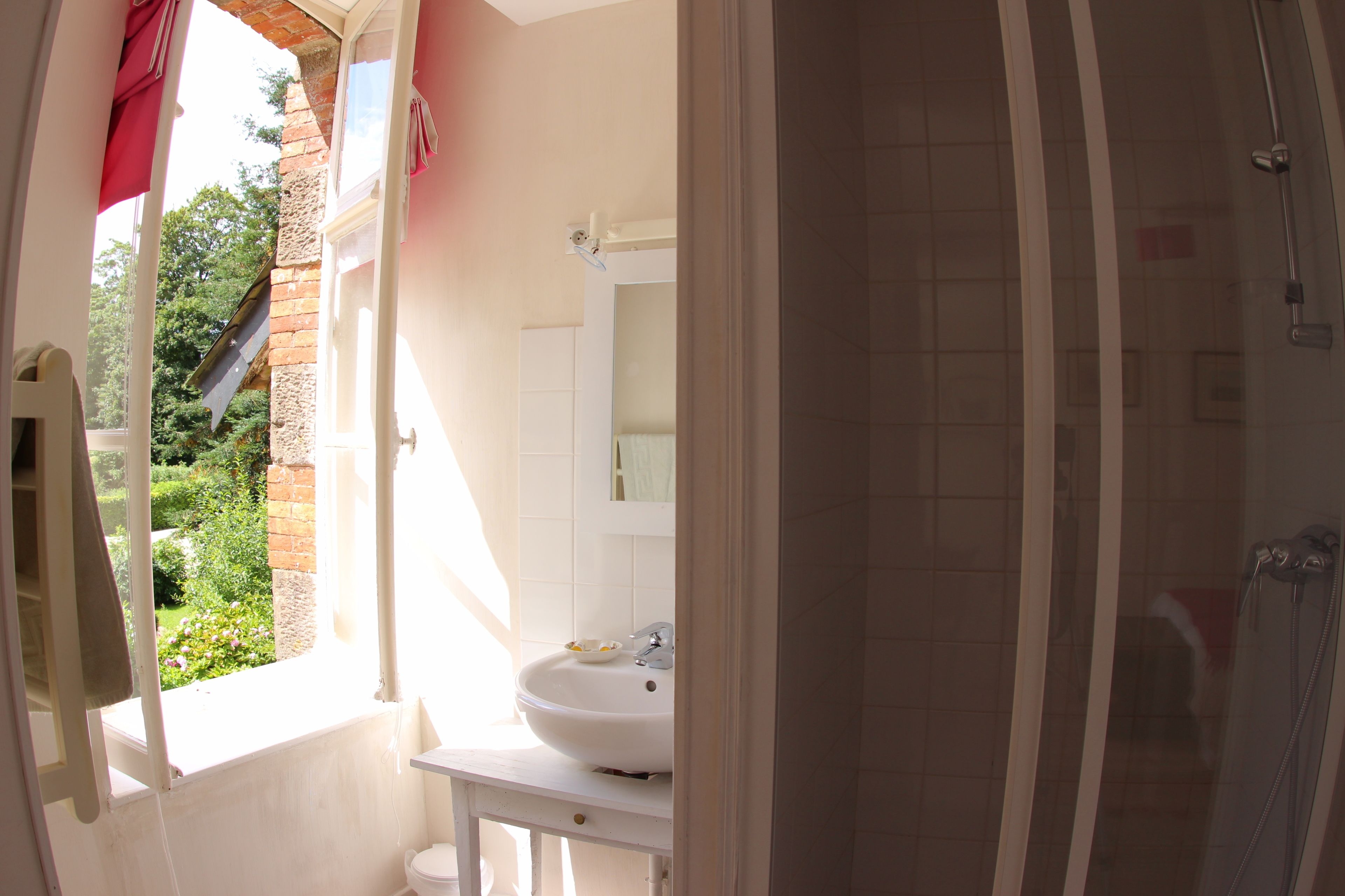 A bathroom with a white sink, a mirror, and a shower.