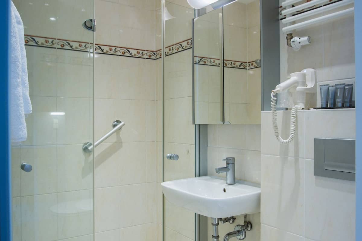 shower, free toiletries, hair dryer, towels