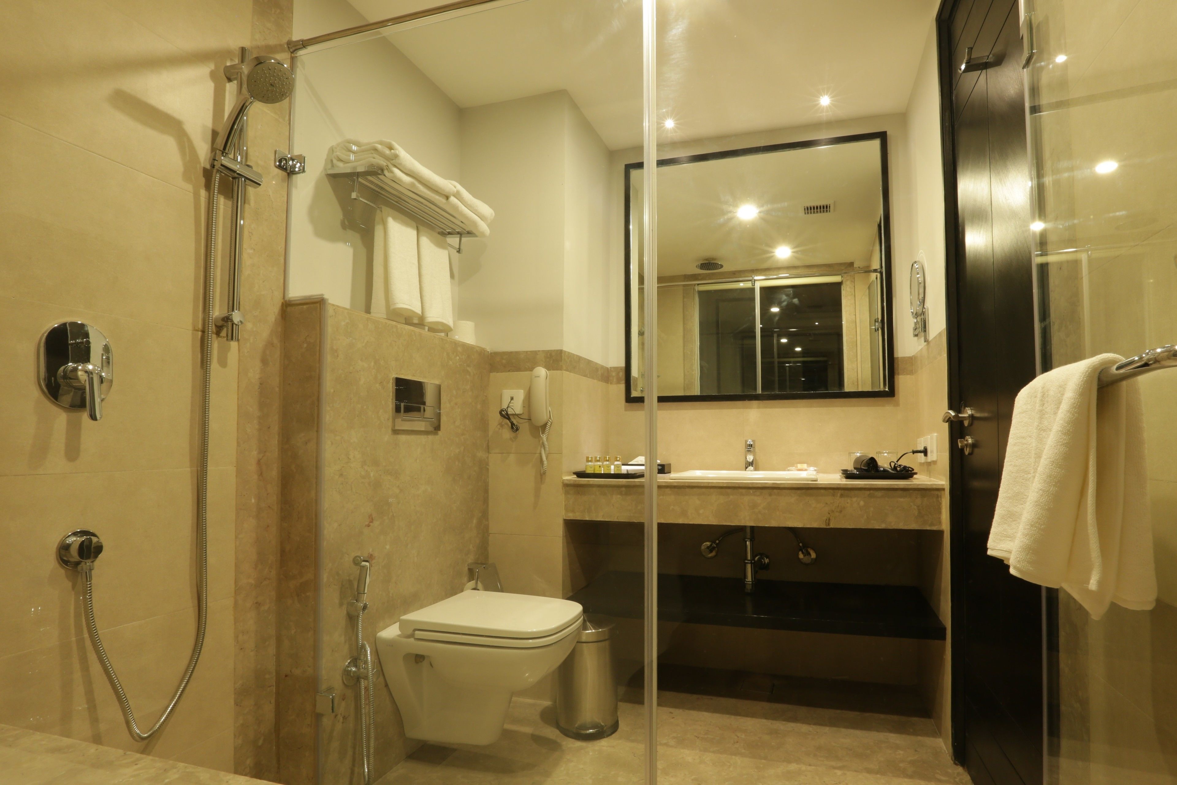 A modern bathroom with a glass-enclosed shower, a toilet, a sink, and a mirror.