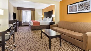 A hotel room with a bed, a sofa, a desk, and a TV.