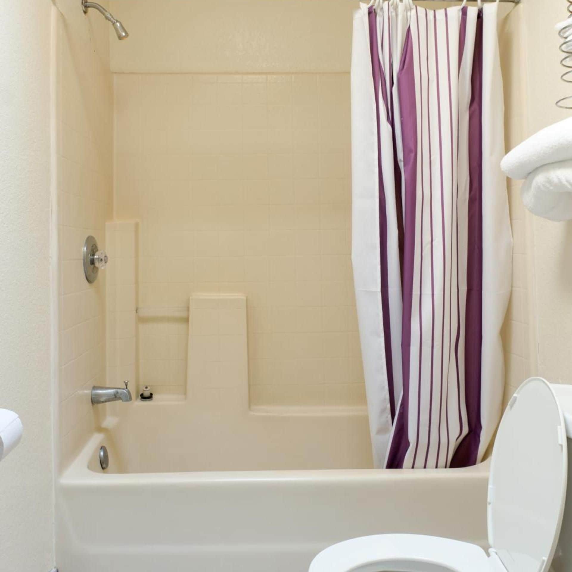 Ein Badezimmer mit Badewanne, Duschvorhang und Toilette.