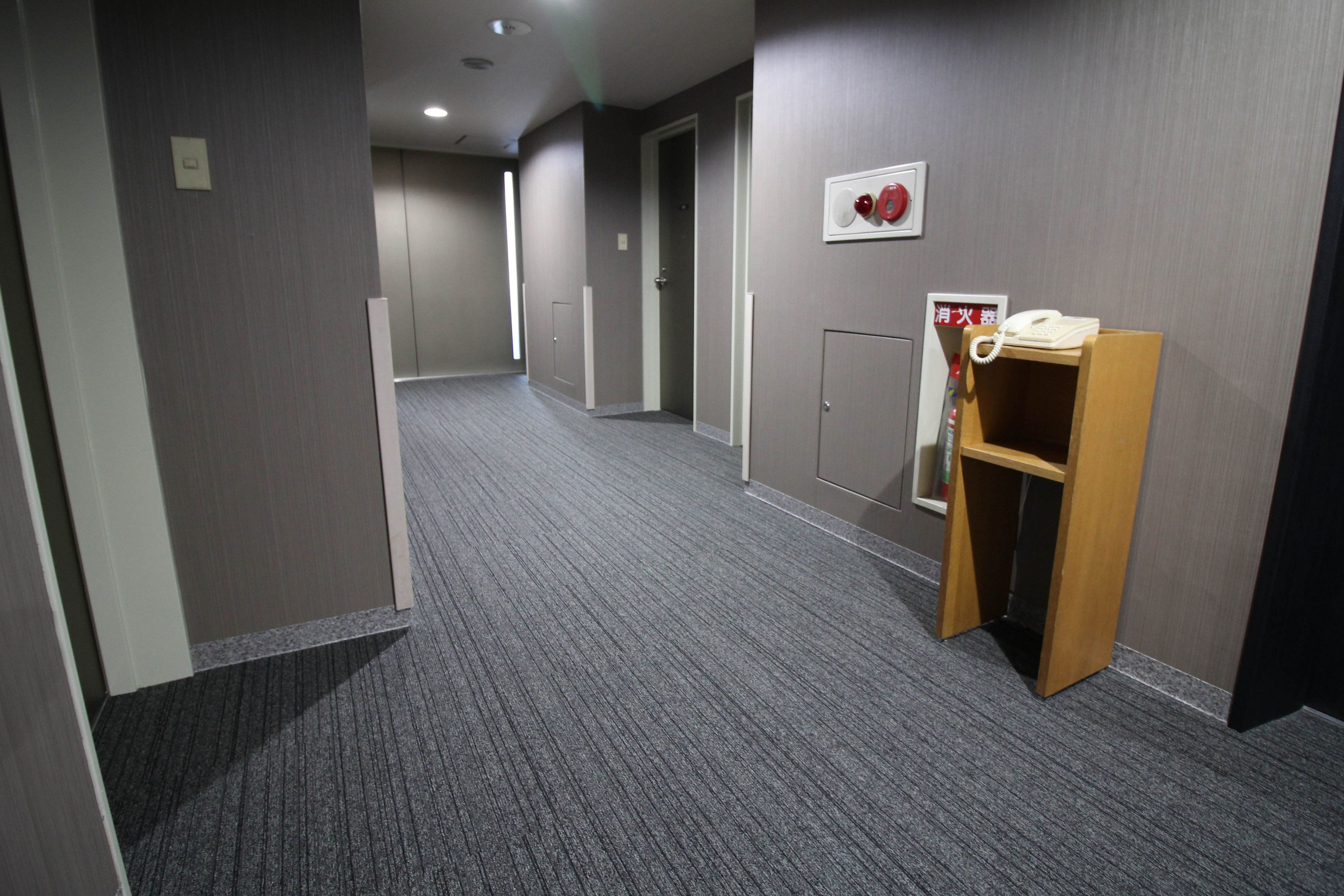 Un pasillo con alfombra gris, puertas de madera y un teléfono sobre un pedestal de madera.