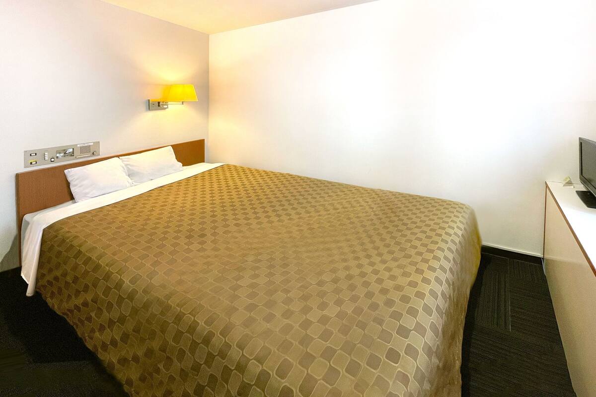 A hotel room with a bed, a desk, a television, and a wall-mounted lamp.