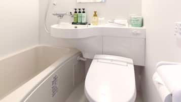 Combined shower/tub, hair dryer, slippers, electronic bidet