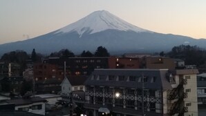 Une vue d’une montagne enneigée, avec des bâtiments au premier plan.