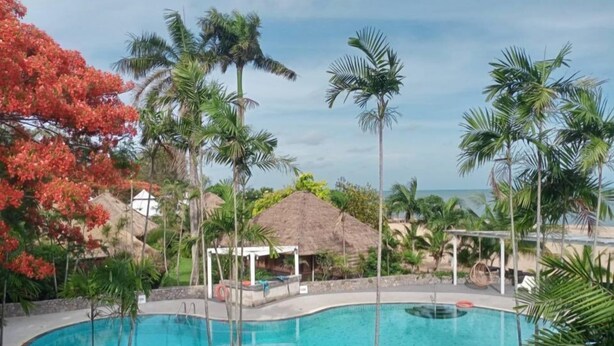 A pool with a curved edge, surrounded by palm trees and a thatched-roof structure. - Bann Pae Cabana (Rayong)
