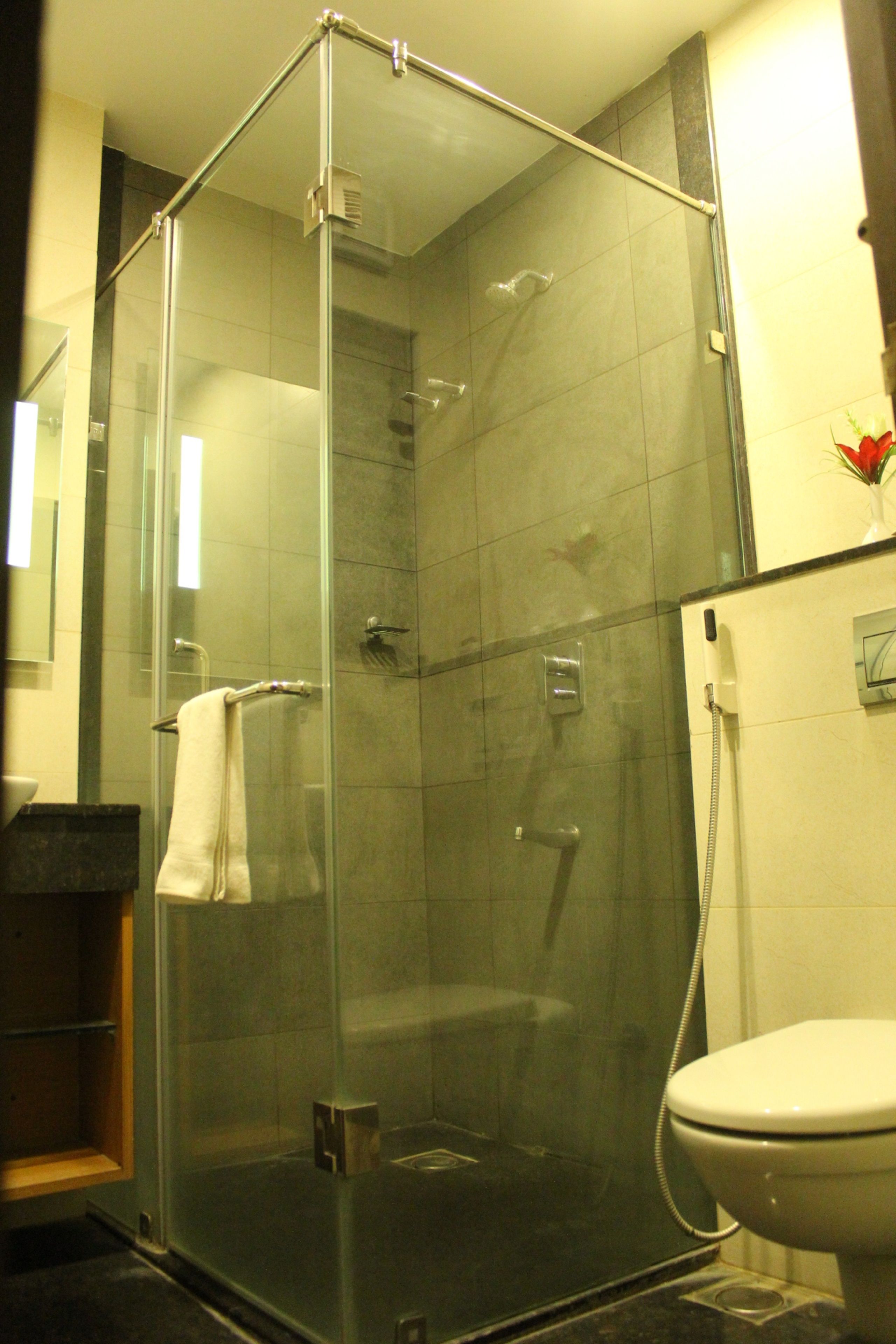 A glass-enclosed shower stall with a toilet visible to the right.