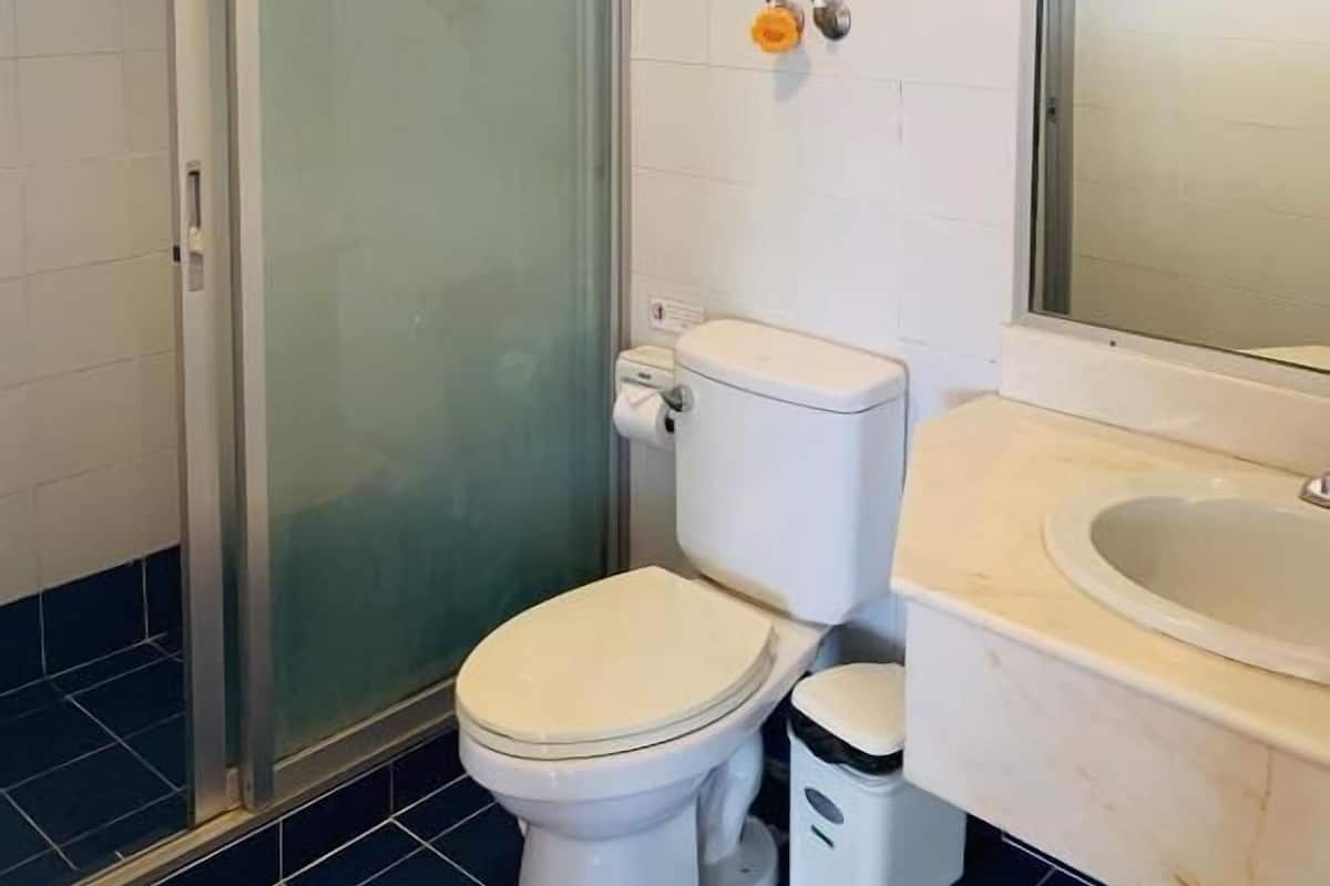 Shower, free toiletries, towels, soap