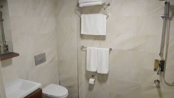 Shower, free toiletries, hair dryer, slippers