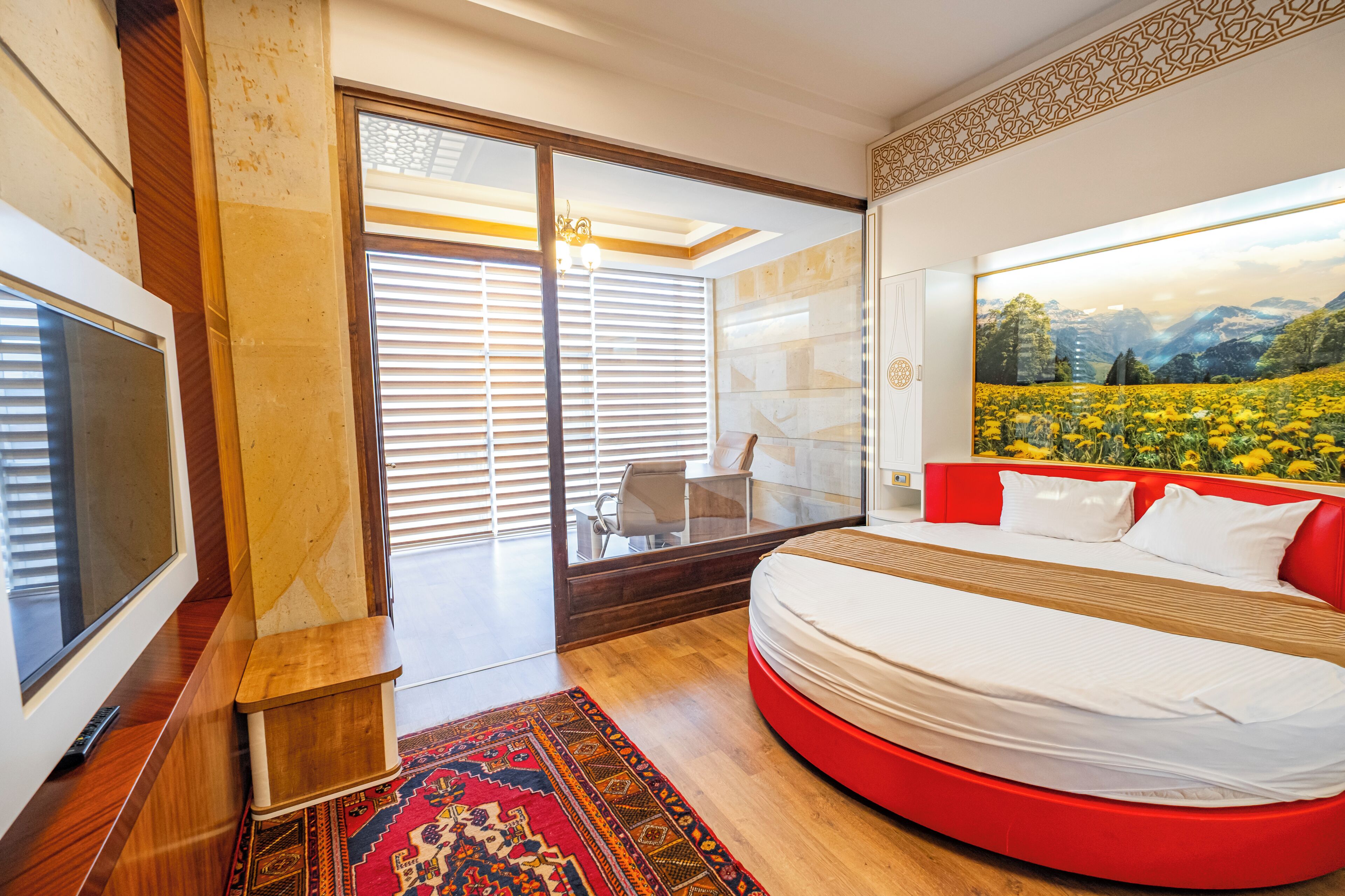 Une chambre à coucher moderne avec un lit aux lignes courbes, une grande fenêtre avec des stores, un téléviseur et un tapis décoratif.