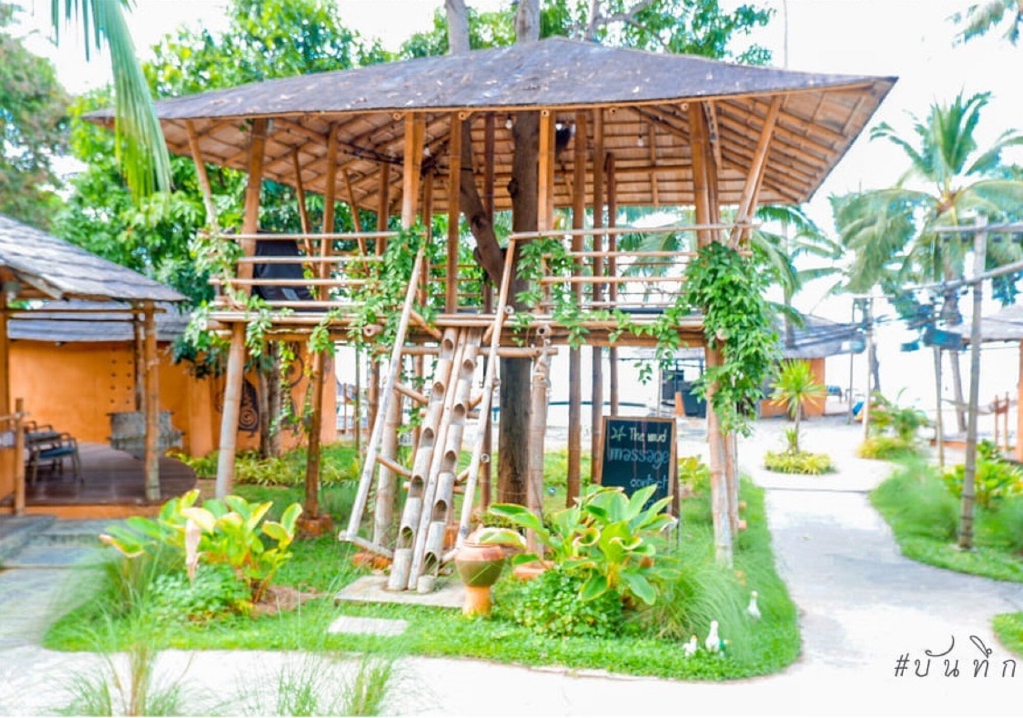 A bamboo structure with a roof, surrounded by greenery and a sign that reads "The wind massage garden".