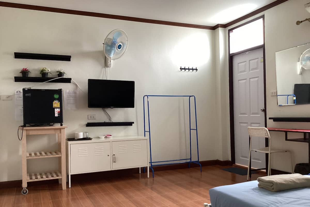 Un dormitorio con cama, escritorio, silla, televisor, ventilador, armario y estante con plantas.