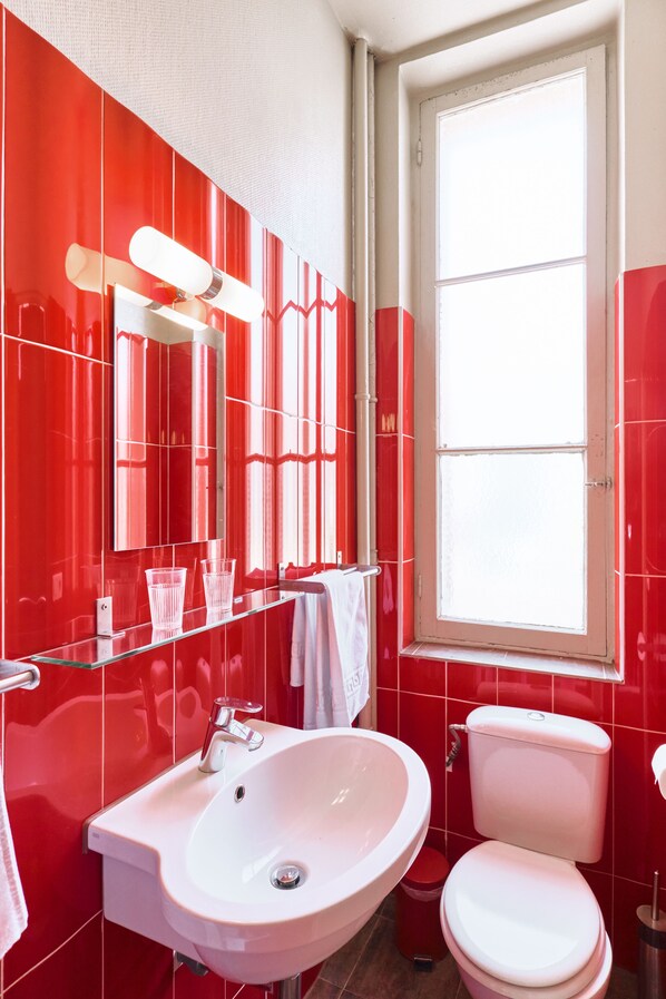 A bathroom with a white sink, a toilet, and a large mirror. - Hôtel Lemon (Menton)