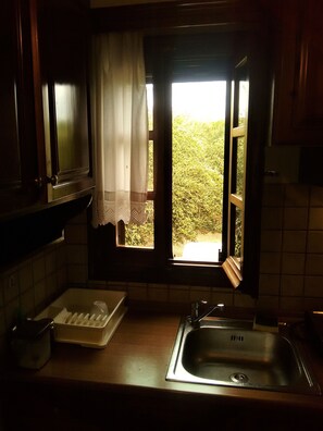 Apartamento, 1 habitación, vistas al mar | Cocina básica privada | Frigorífico, horno, placa de cocina y cafetera o tetera