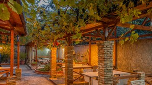 An outdoor patio area with stone flooring, wooden tables and chairs, and a pergola covered with grapevines. - Kopala Tskneti (Tbilisi)