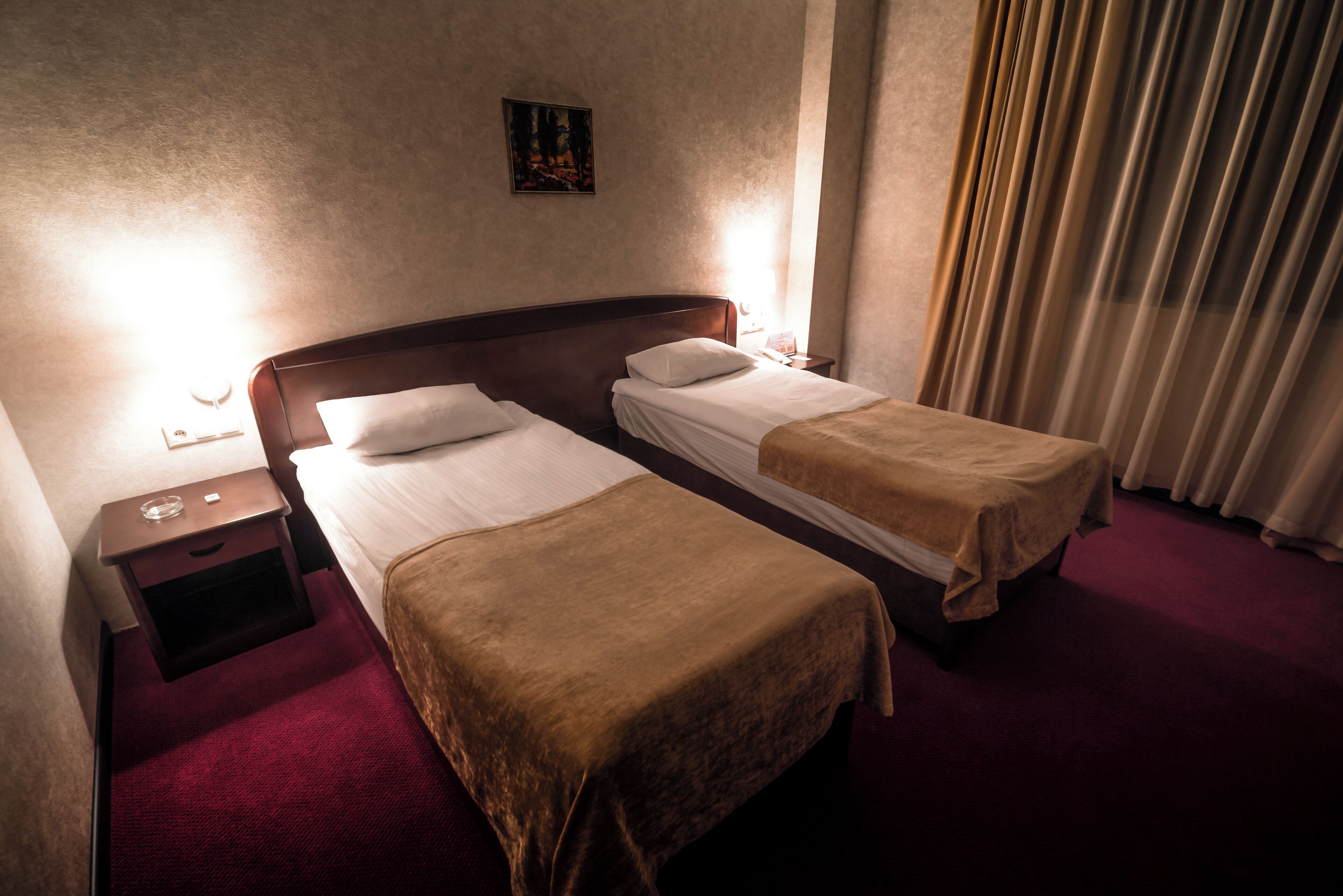 Una habitación de hotel con dos camas individuales, una mesita de noche con una lámpara y un cuadro en la pared.