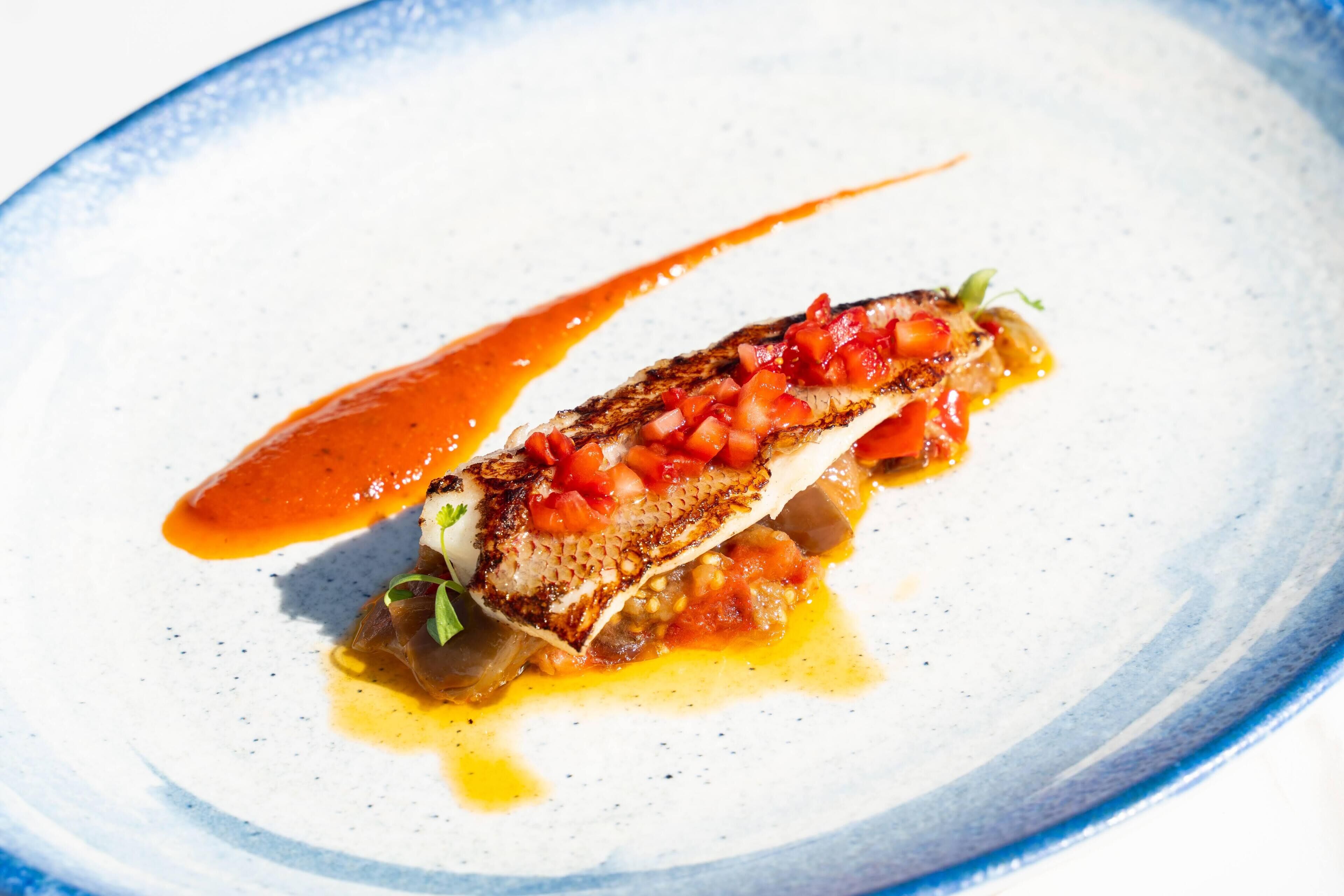 Un plato con filete de pescado, tomates y salsa.