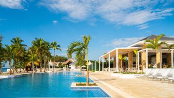 5 outdoor pools, open 8 AM to 7:00 PM, pool umbrellas, sun loungers