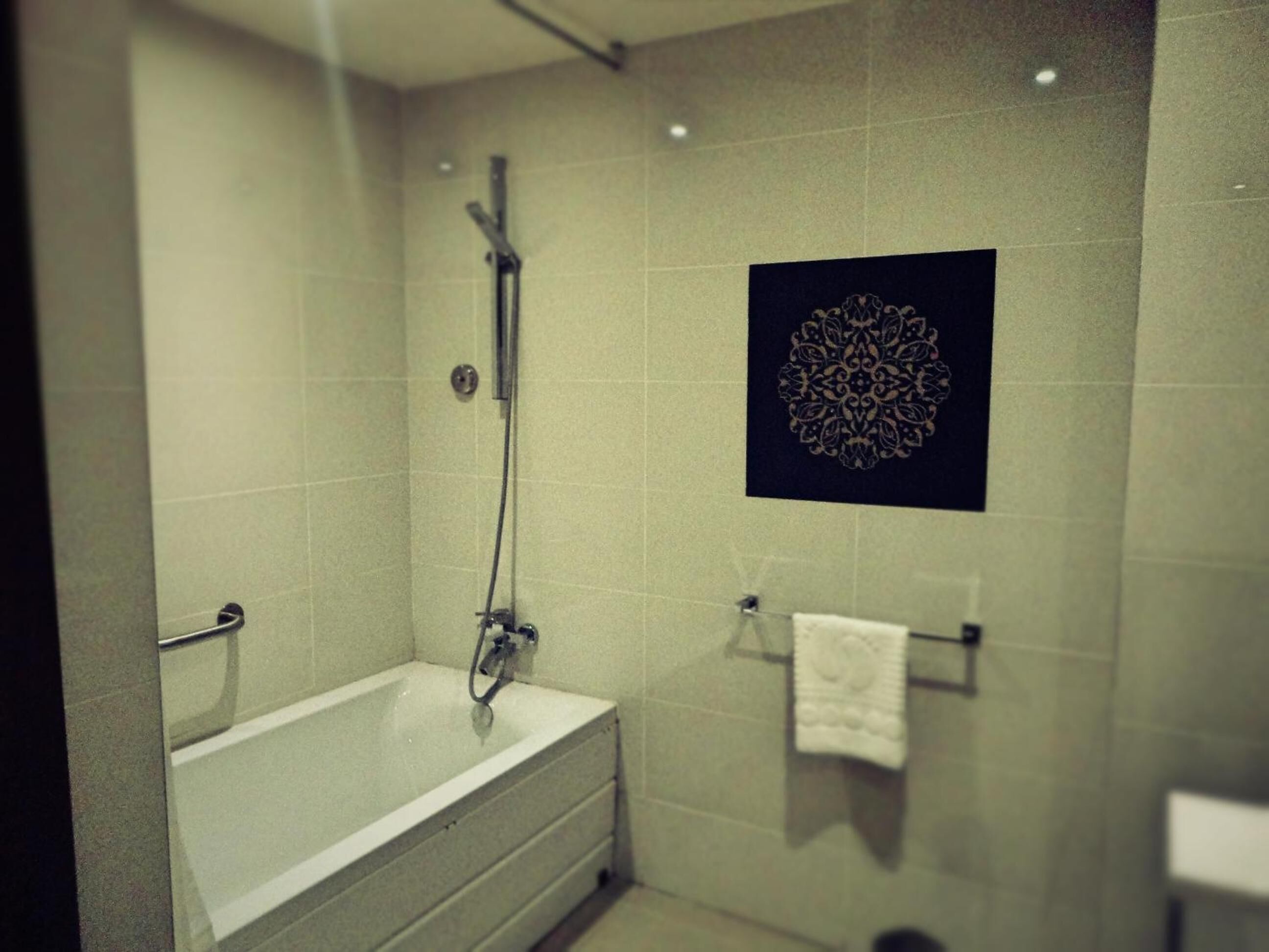 A modern bathroom with a bathtub, a shower, and a towel rack.