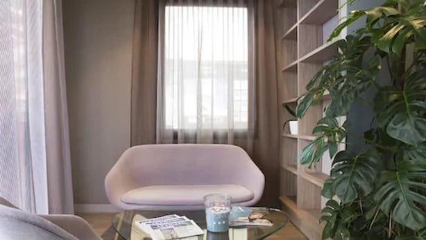 Ein modernes Wohnzimmer mit einem Glastisch, einem bequemen Sessel, einer großen Topfpflanze und einem Bücherregal.