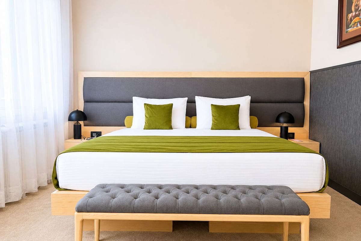 A modern hotel room with a large bed, a bench, and a headboard.