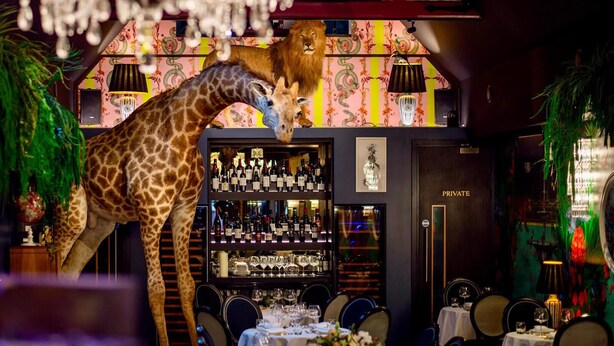 A restaurant with a giraffe statue, a wine bar, and a private dining area.
