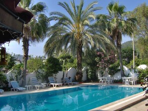 A swimming pool with lounge chairs and palm trees. - Murat Hotel (Kemer)