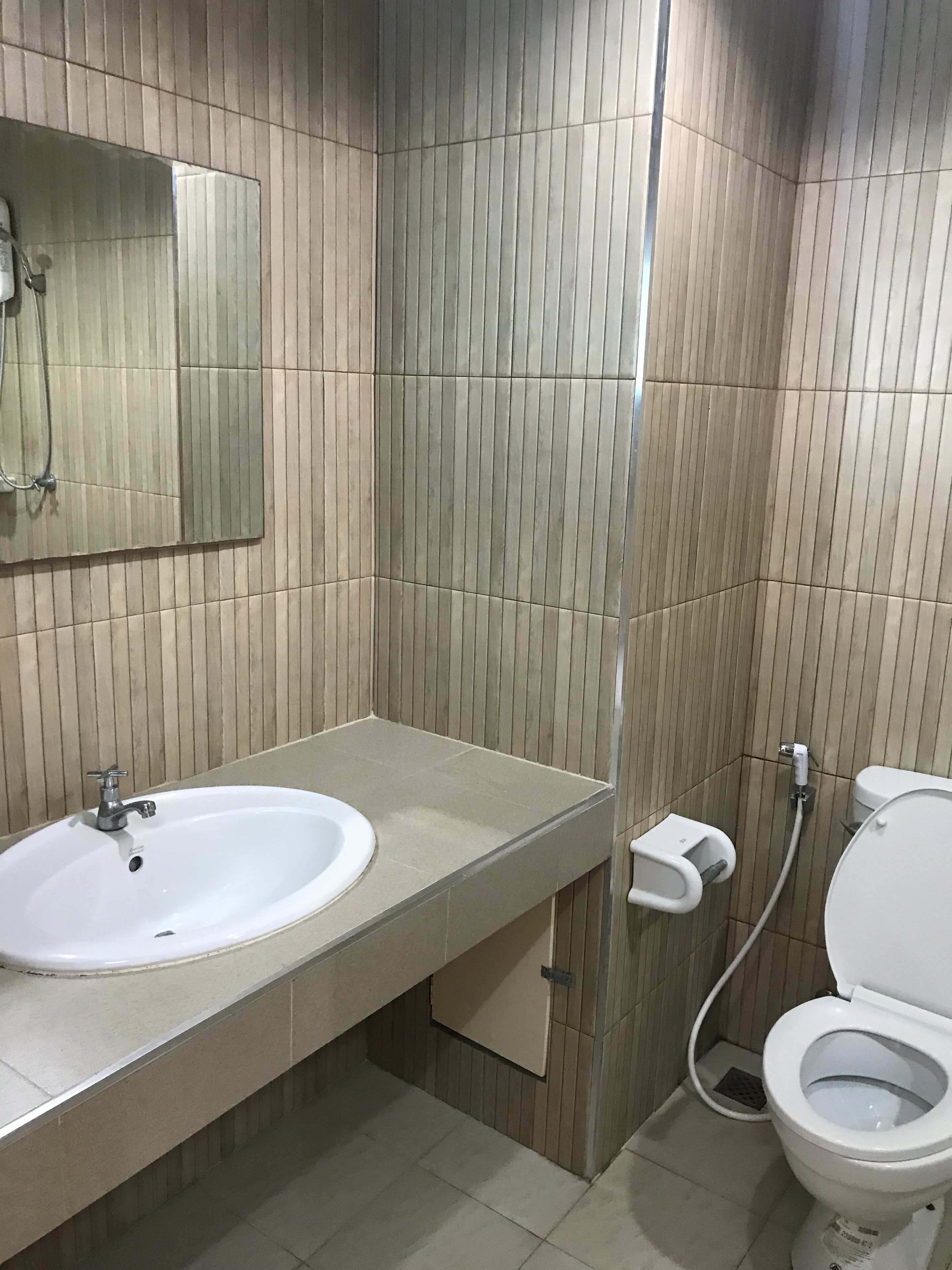 A bathroom with a sink, mirror, toilet, and a towel rack.