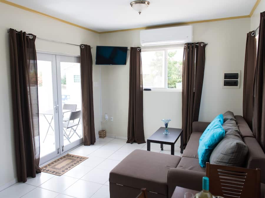 Leilighet – deluxe, 1 soverom, ikke-røyk, kjøkken | Oppholdsrom | Flatskjerm-TV og filmkjøp