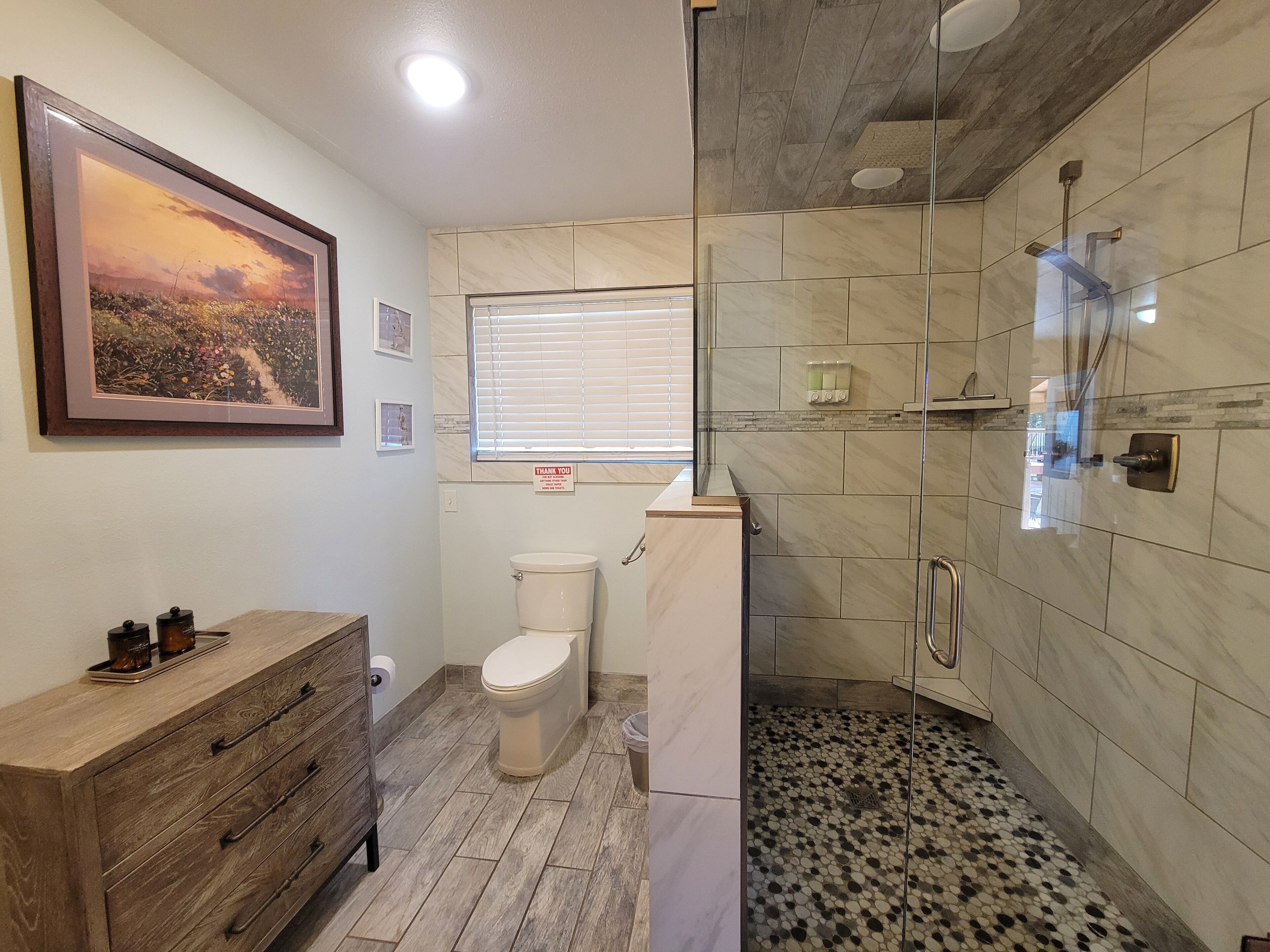 A bathroom with a toilet, a shower, and a wooden vanity.