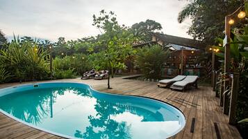 Outdoor pool, pool umbrellas, pool loungers