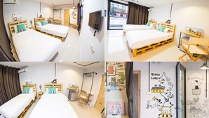 A hotel room with two beds, a TV, a desk, and a window with curtains. - Sleep Cube (Khon Kaen)